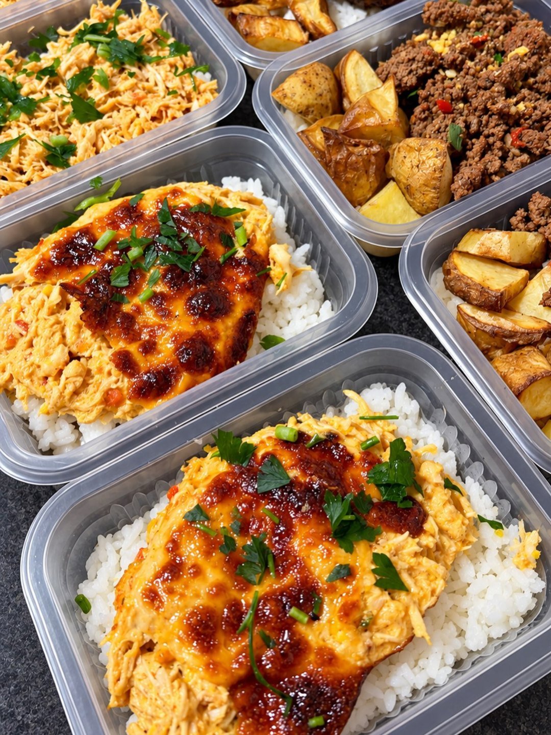 Marmitas da semana da ClassyCO: frango desfiado gratinado sobre arroz, carne moída com batata assada e frango desfiado